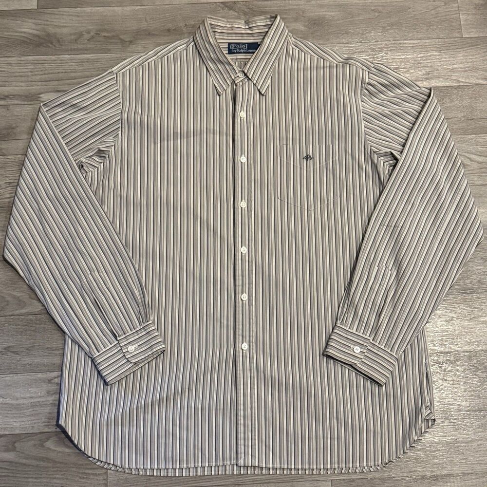 Vtg Polo Ralph Lauren Shirt Mens XL White Striped Monogram RPL Pocket Poplin 90s